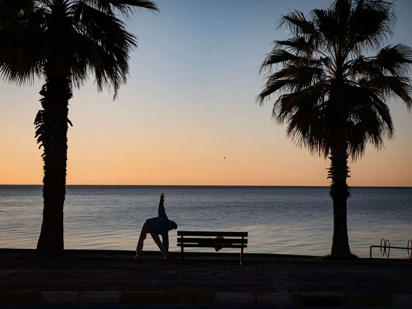 Morning stretch beside the ocean at sunrise