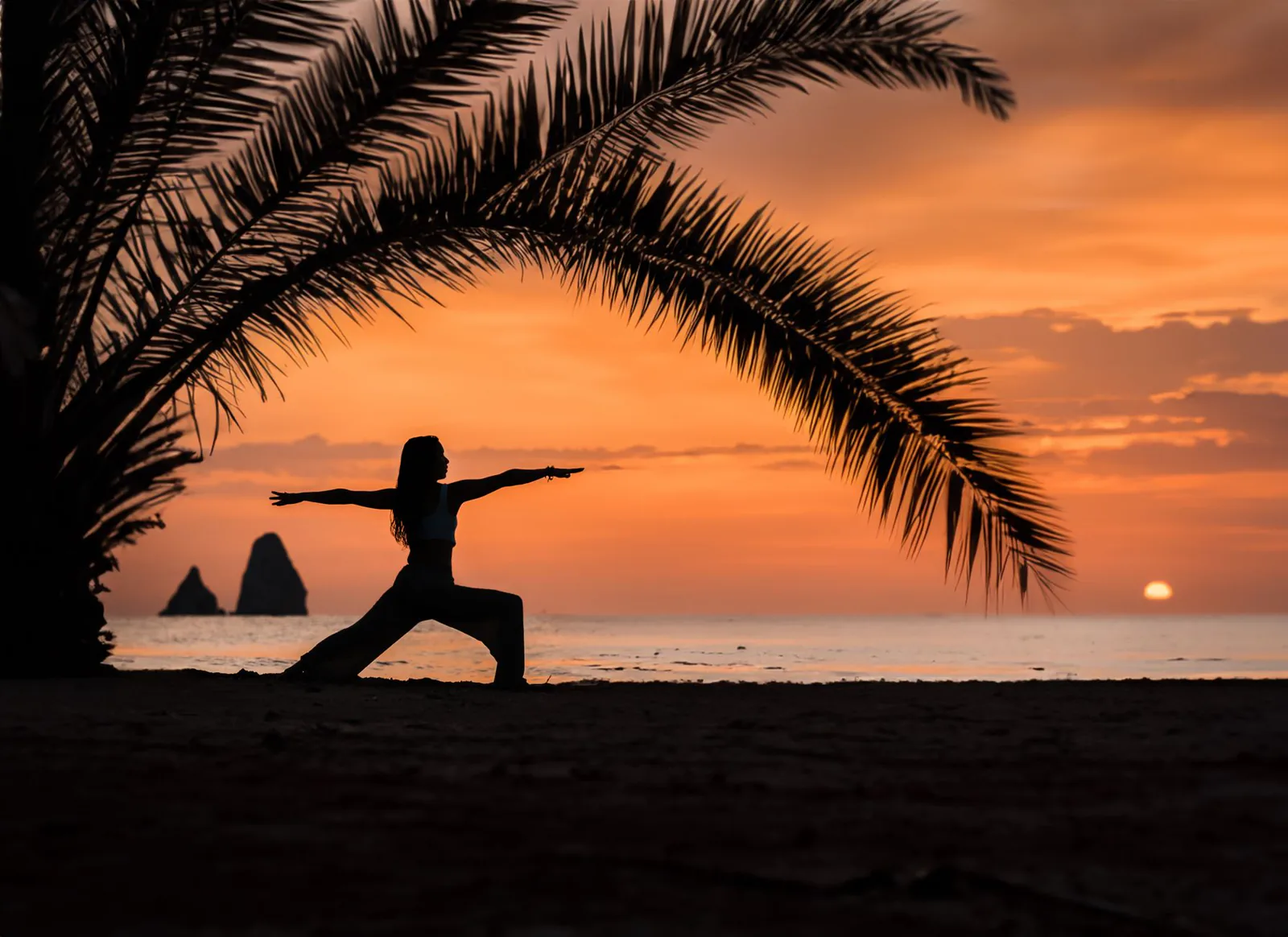 Yoga under palm trees at sunset by the ocean